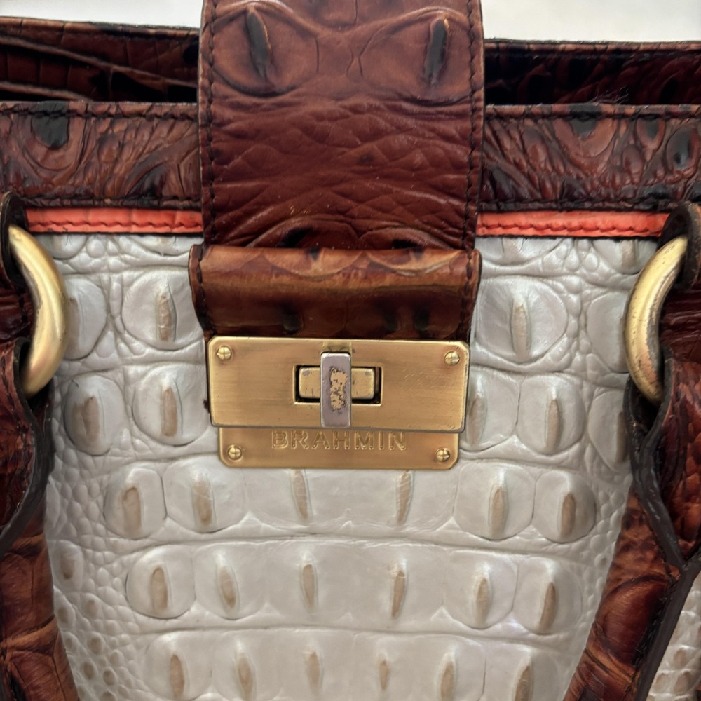 Brahmin Croc Embossed Satchel Bag Womens Medium Beige Brown Top Handle Classic - Picture 4 of 14